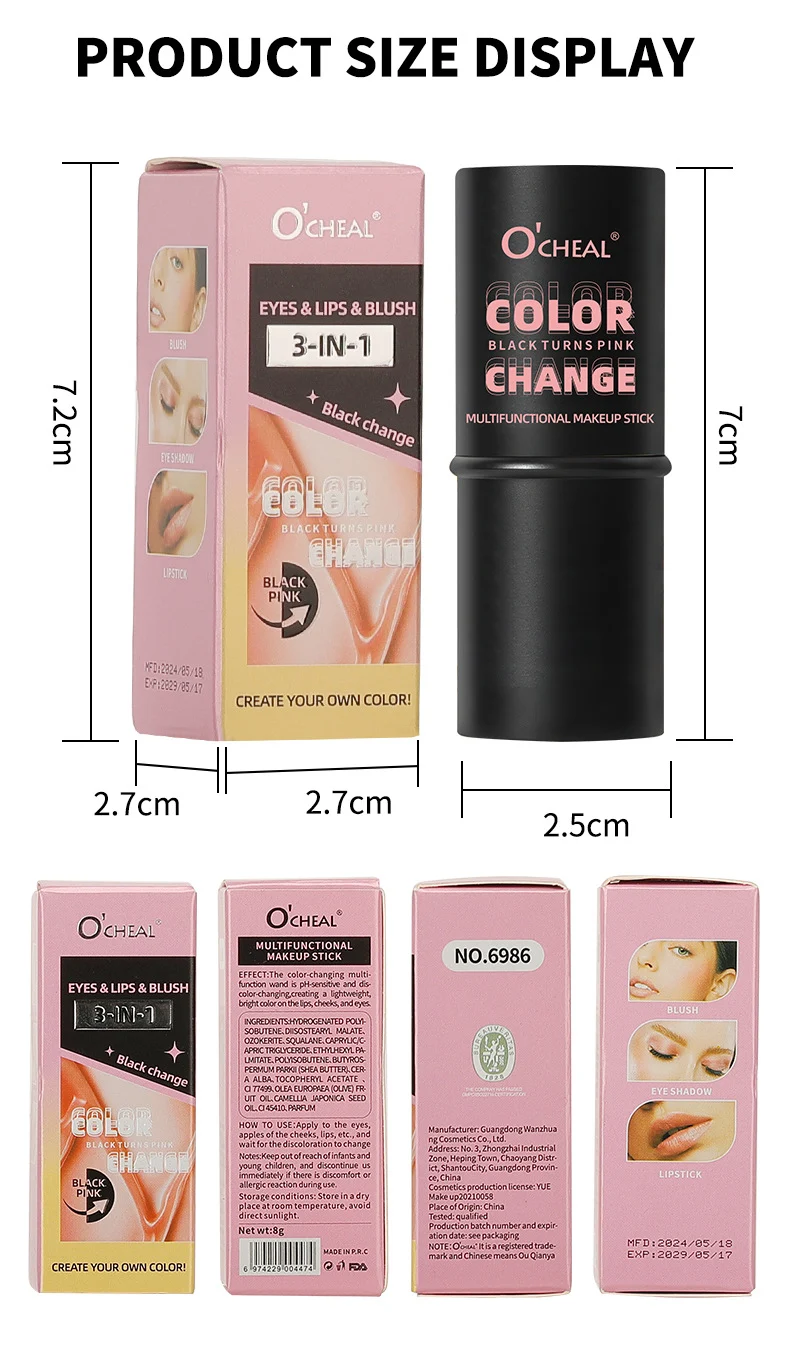 Color Changing Blush Stick O'CHEAL Multifunctional Makeup Stick for Lips Cheeks Eyes 3-in-1 16 color changing blush stick multifunctional makeup stick lips cheeks eyes sit swe84nj4 desc 16