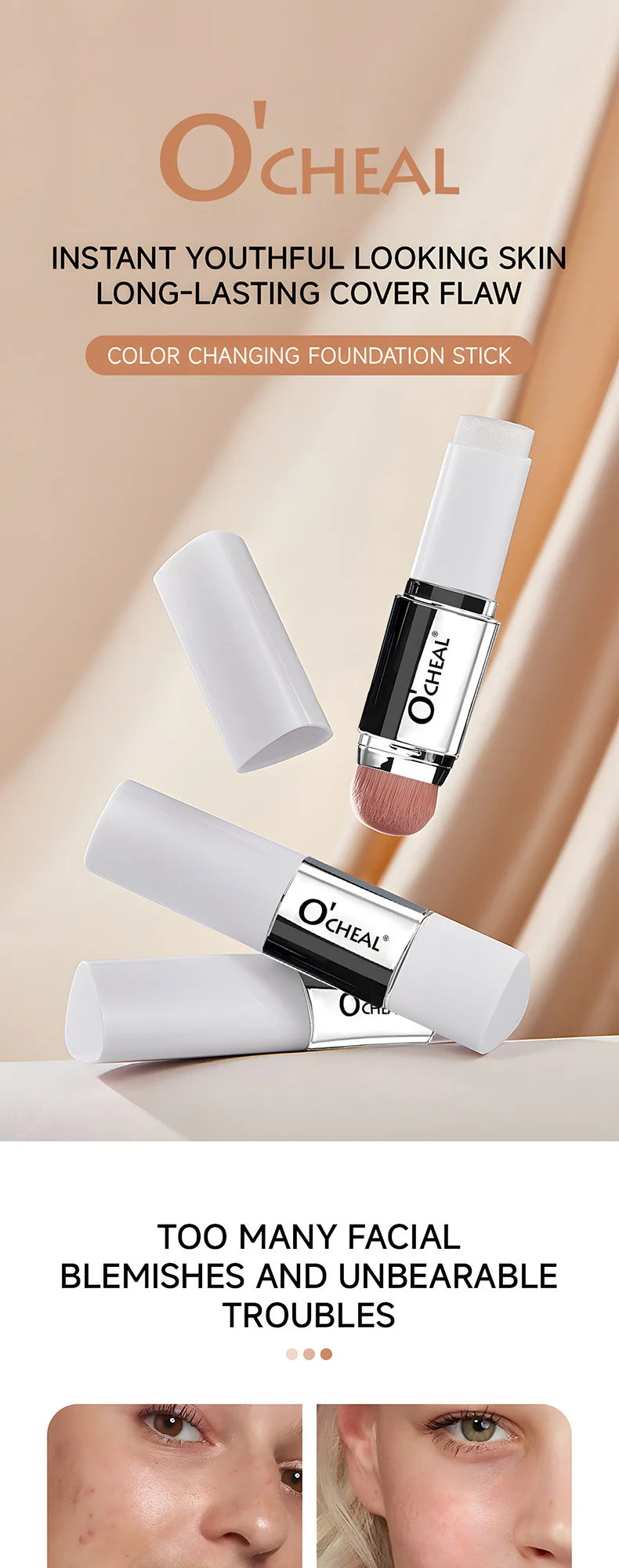 Color Changing Foundation Stick Dual-Head Concealer with Brush, Natural Hydrating Long-Lasting Makeup 5 color changing foundation stick dual head concealer brush sit wk9vp2br desc 5