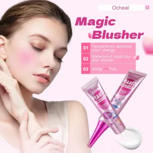 Ocheal Magic Color Changing Liquid Blush in shade 7073, a waterproof cream-to-powder formula that turns from white to pink on application