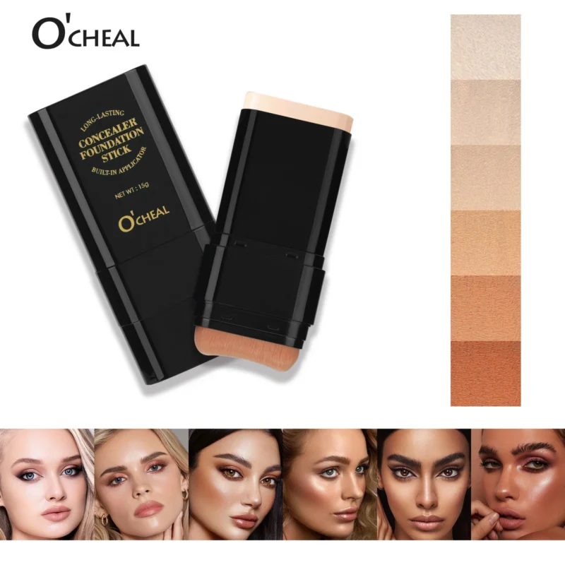 O'CHEAL Dual-Ended Concealer Foundation Stick with Built-In Brush for Waterproof, Long-Lasting Coverage