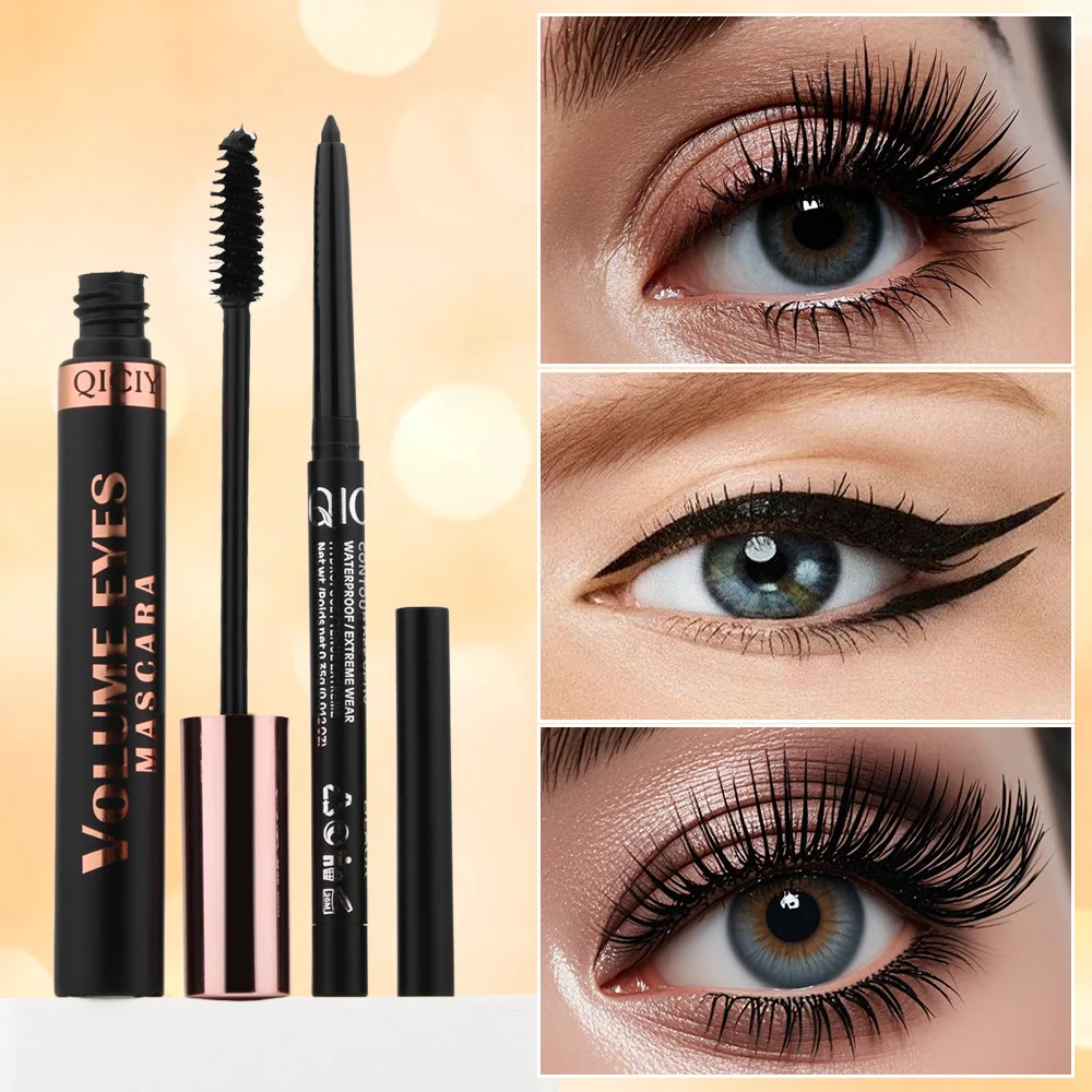 Eye Makeup Kit 2-in-1 Mascara and Eyeliner Set Waterproof 24HR Long Lasting Black 4 eye makeup kit 2in1 mascara eyeliner set sit jm6z27zb desc 4