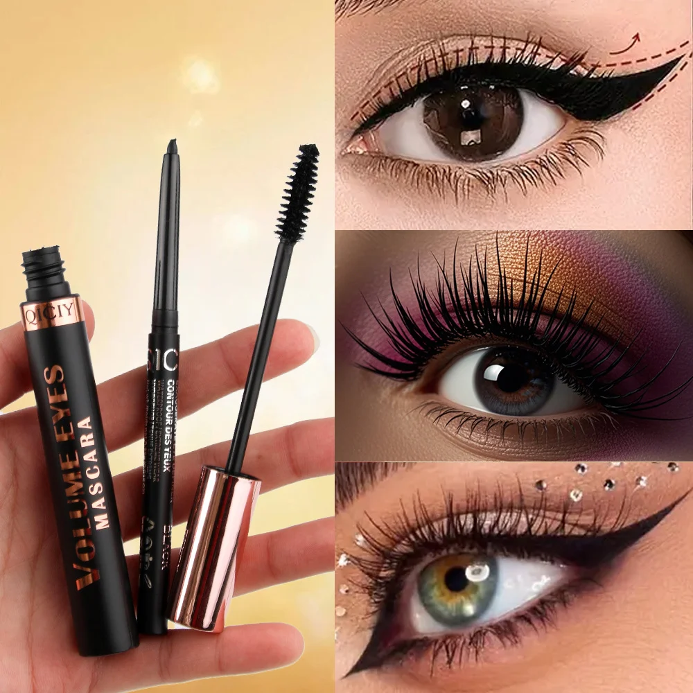 Eye Makeup Kit 2-in-1 Mascara and Eyeliner Set Waterproof 24HR Long Lasting Black 5 eye makeup kit 2in1 mascara eyeliner set sit jm6z27zb desc 5