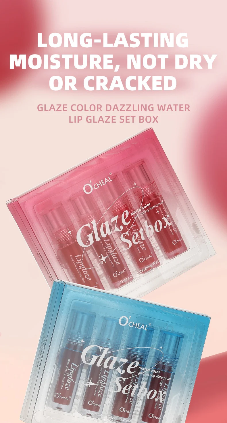 O'CHEAL Glaze Color Dazzling Water Lip Glaze Set Box - 4PCS Matte Moisturizing Long Lasting Lip Gloss 1 lip gloss set box sit 4u4qmeza desc 1