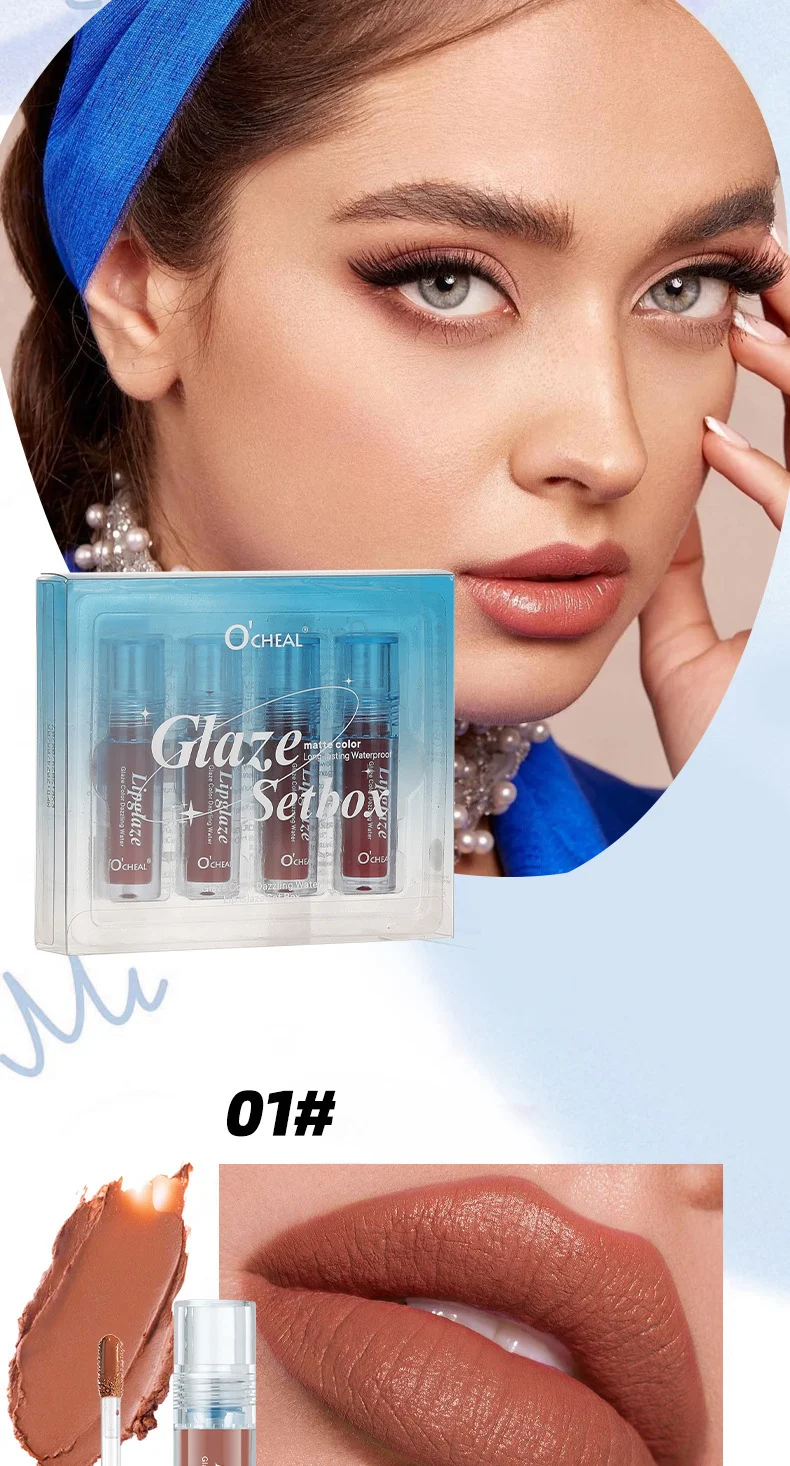 O'CHEAL Glaze Color Dazzling Water Lip Glaze Set Box - 4PCS Matte Moisturizing Long Lasting Lip Gloss 12 lip gloss set box sit 4u4qmeza desc 12