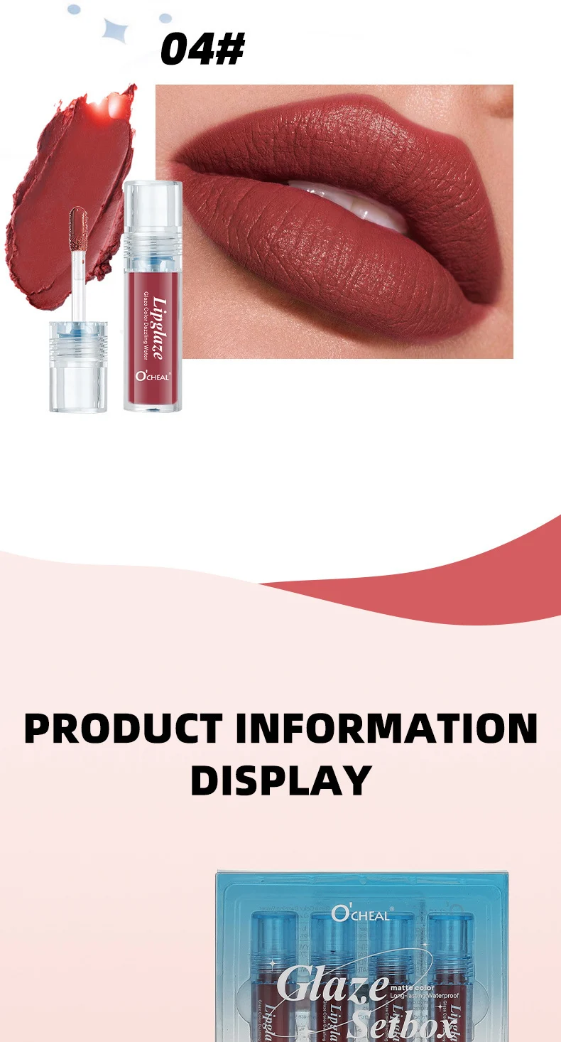O'CHEAL Glaze Color Dazzling Water Lip Glaze Set Box - 4PCS Matte Moisturizing Long Lasting Lip Gloss 14 lip gloss set box sit 4u4qmeza desc 14