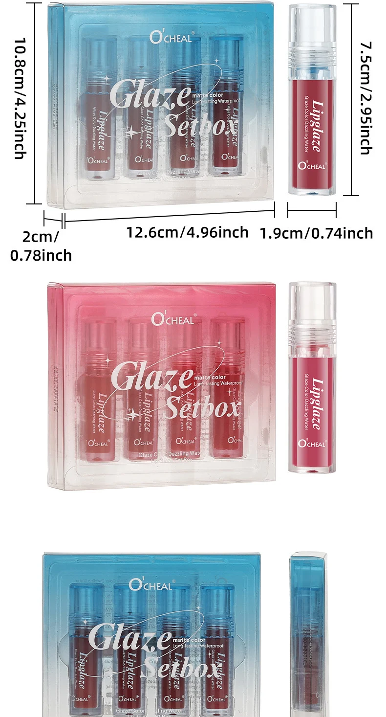 O'CHEAL Glaze Color Dazzling Water Lip Glaze Set Box - 4PCS Matte Moisturizing Long Lasting Lip Gloss 16 lip gloss set box sit 4u4qmeza desc 16
