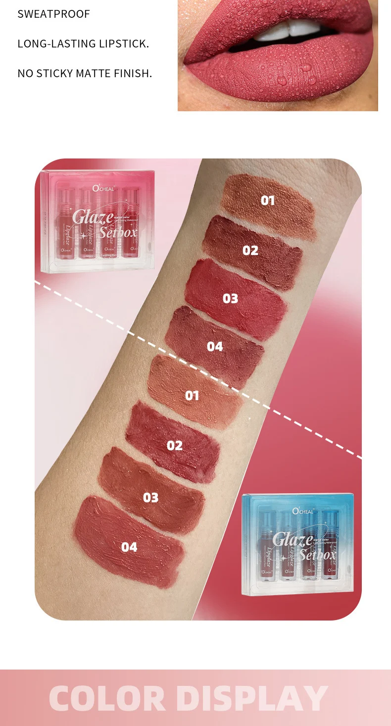 O'CHEAL Glaze Color Dazzling Water Lip Glaze Set Box - 4PCS Matte Moisturizing Long Lasting Lip Gloss 8 lip gloss set box sit 4u4qmeza desc 8
