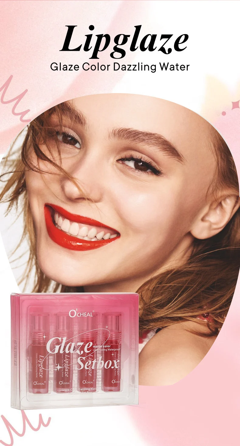O'CHEAL Glaze Color Dazzling Water Lip Glaze Set Box - 4PCS Matte Moisturizing Long Lasting Lip Gloss 9 lip gloss set box sit 4u4qmeza desc 9
