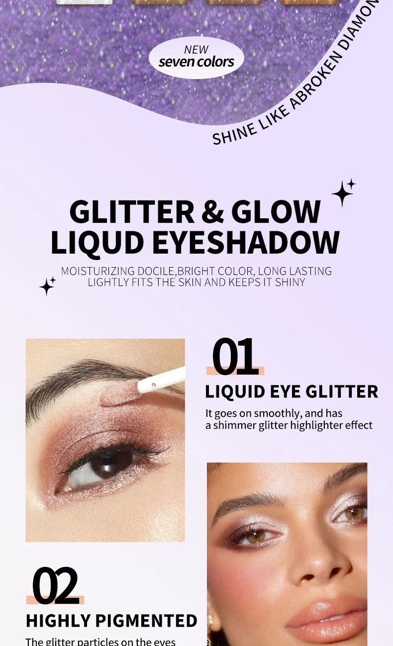 Liquid Eyeshadow with Glitter Highlighter Effect, Mini Shimmer Eye Glow for Sparkling 3D Look 2 liquid eyeshadow glitter highlighter mini shimmer sparkling 3d sit csgdmnn2 desc 2