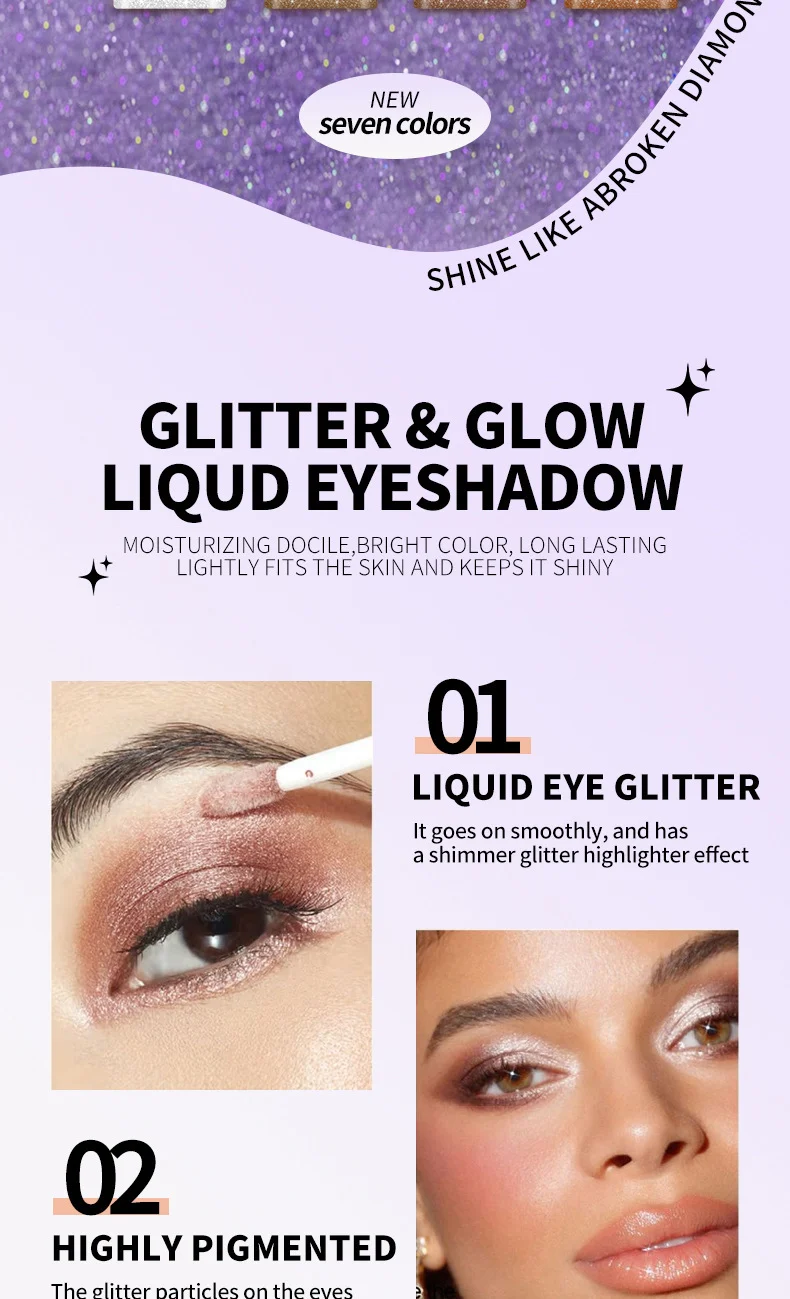 Liquid Eyeshadow Glitter & Glow Mini 7 Colors Waterproof Long-Lasting Shimmer Highlighter 2 liquid eyeshadow glitter mini 7 colors sit 675pduwd desc 2