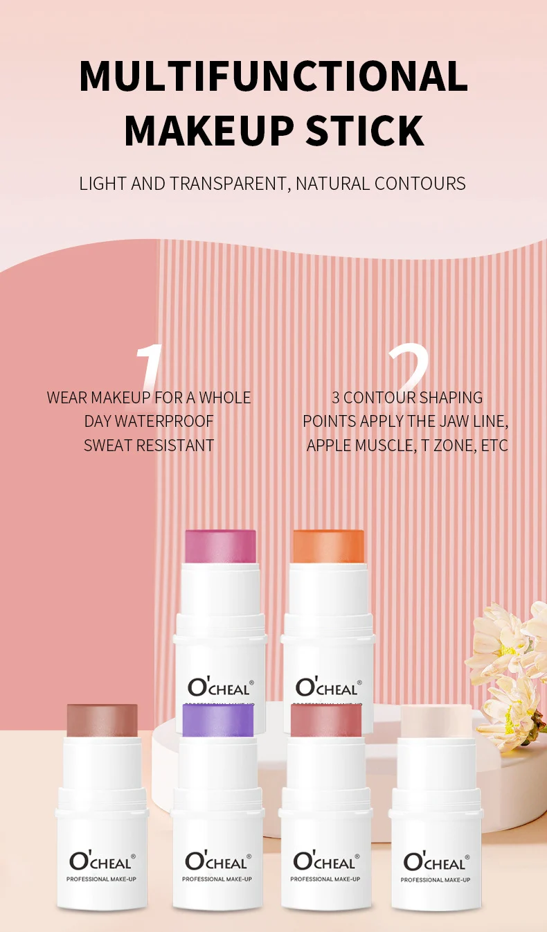 Blush Stick O'CHEAL Multi-Use Cream Cheek and Lip Tint Portable Waterproof 6-Color Contour Stick 3 ocheal blush stick cheek lip tint sit hguwh9f9 desc 3