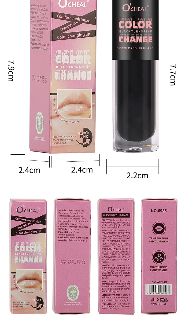O'CHEAL Color Changing Lip Glaze - Temperature Activated Black to Pink Tint, Waterproof & Non-Stick Cup Moisturizing Lip Gloss 15 ocheal color changing lip glaze black to pink sit wyzba74g desc 15