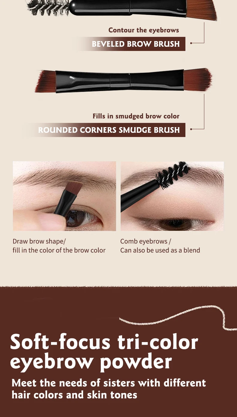 Soft-Focus Tri-Color Eyebrow Powder Waterproof Sweatproof 3-in-1 Eyebrow Makeup Kit 9 soft focus tri color eyebrow powder waterproof sweatproof 3 in 1 kit sit sxy3bddb desc 9