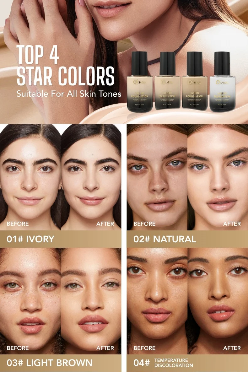Temperature-Changing Foundation Liquid 40ml Waterproof Long-Lasting Natural Coverage 4 temperature changing foundation liquid 40ml sit 4hz6dtmk desc 4