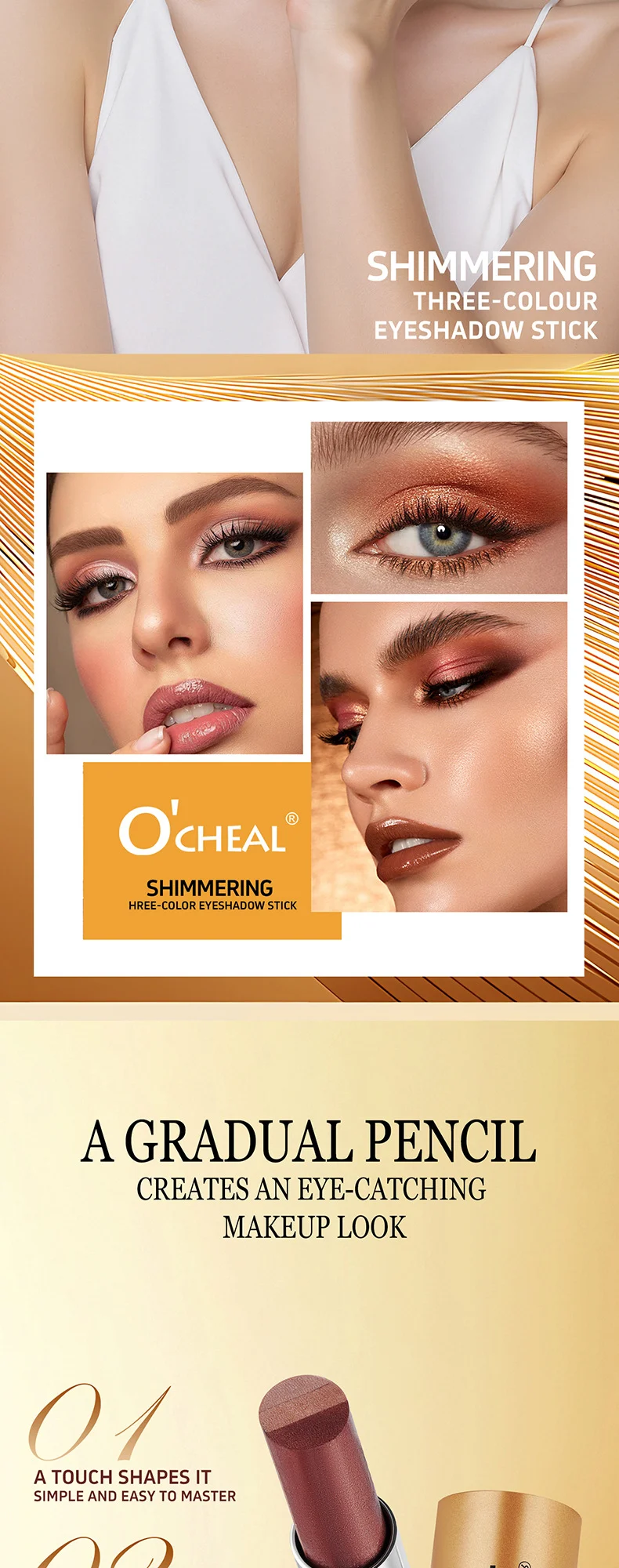 Three-Color Eyeshadow Stick One-Swipe Cream Formula for Everyday Natural & Glitter Makeup 3 three color eyeshadow stick one swipe cream formula sit p9hpt9fr desc 3