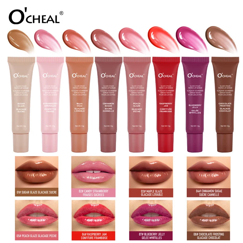 tinted-lip-serum-hydrating-lip-gloss-mirror-finish-sit-cf5px46c-1 O'CHEAL Tinted Lip Serum in a clear tube, showcasing its glossy, plumping effect on lips